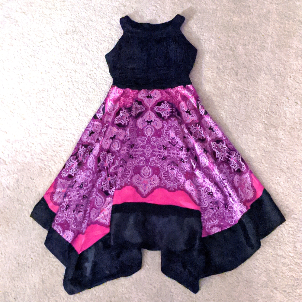 Melrose halter dress, size 8, black top, purple, pink and black silk bottom